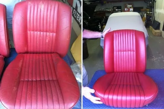 Asientos de piel como limpiar: asiento de piel roja antes y después de la limpieza
