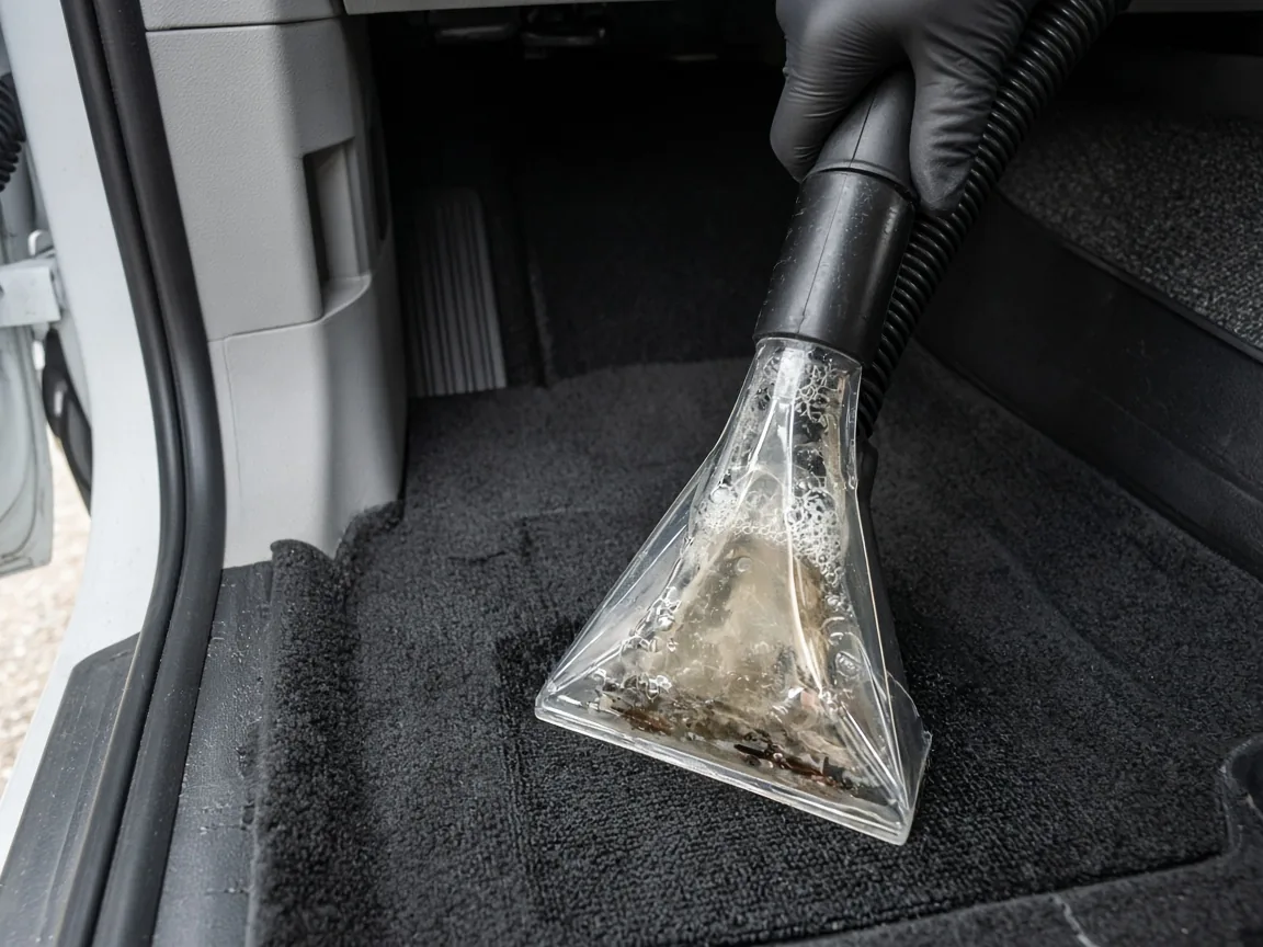 Extracción de agua sucia en la alfombra de un auto