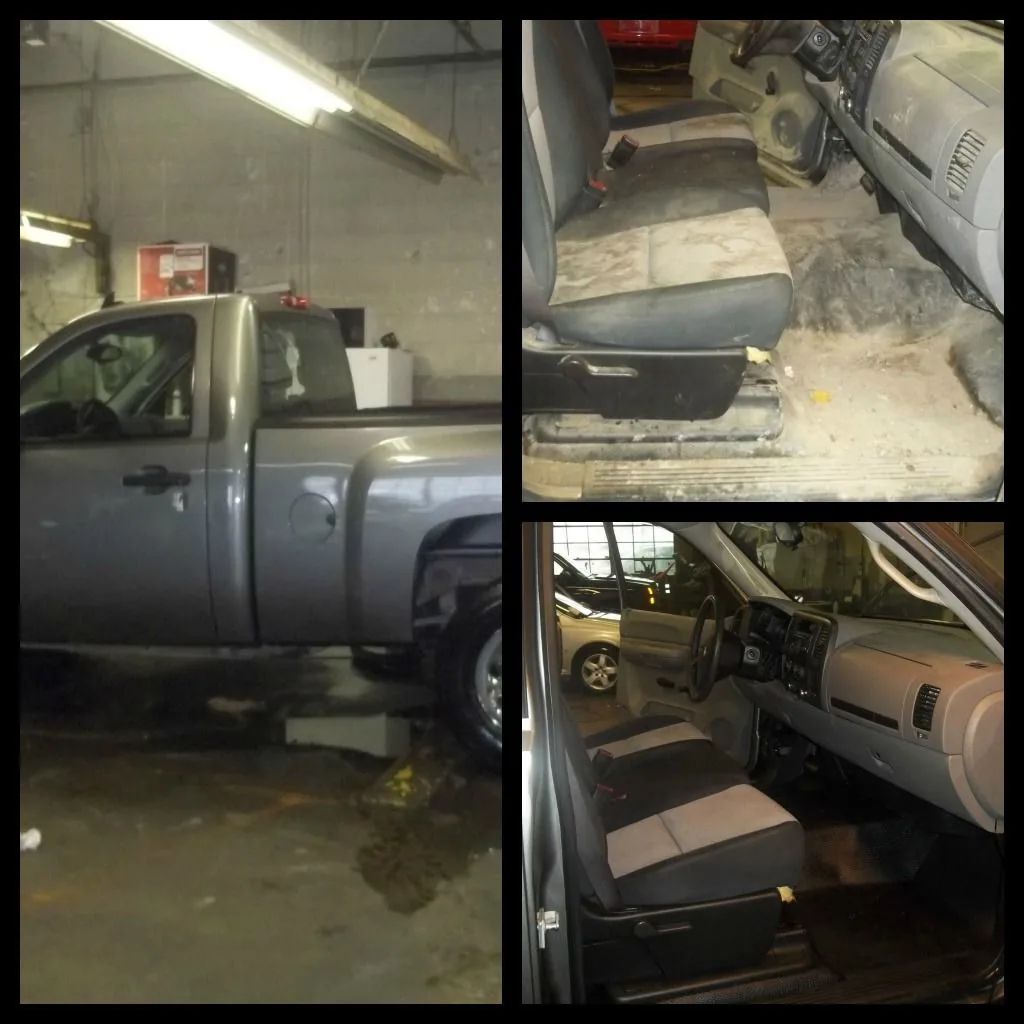 Interior de pickup antes y después de la limpieza de vestiduras