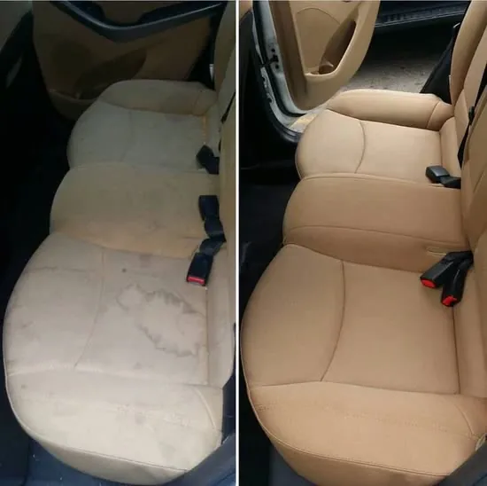 Quitar mancha de tapicería auto: asiento trasero de tela antes y después del lavado de vestiduras